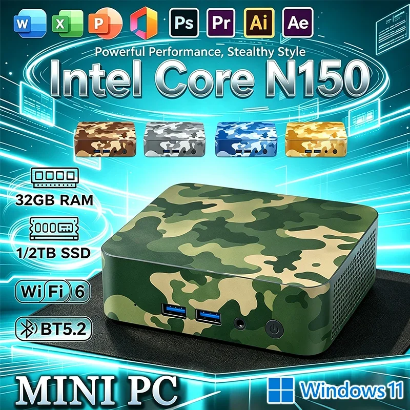 Mini PC Intel Core N150 Compact Mini Laptop Windows 11 16GB RAM 1TB SSD HD WiFi6 BT5.2 Multifunctional Daily Notebook Gaming PC