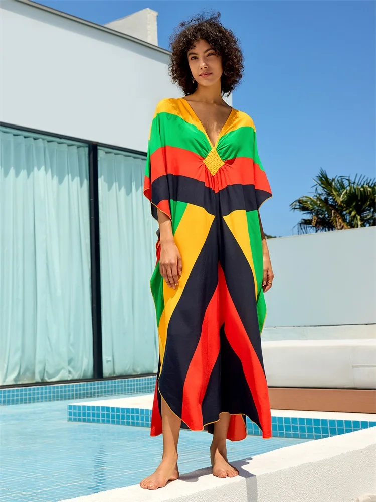 2024 Summer Colorful Patching Sexy V Neck Batwing Sleeve Loose Maxi Dress Women Clothing Bohemian Vacation Beach Cover-ups Q1618