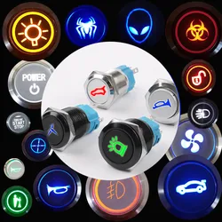 16/19/22/25/30 mm Custom Pattern Car DIY Waterproof Led Light Momentary Push Button Switch Latching Self Reset Symbol Signal