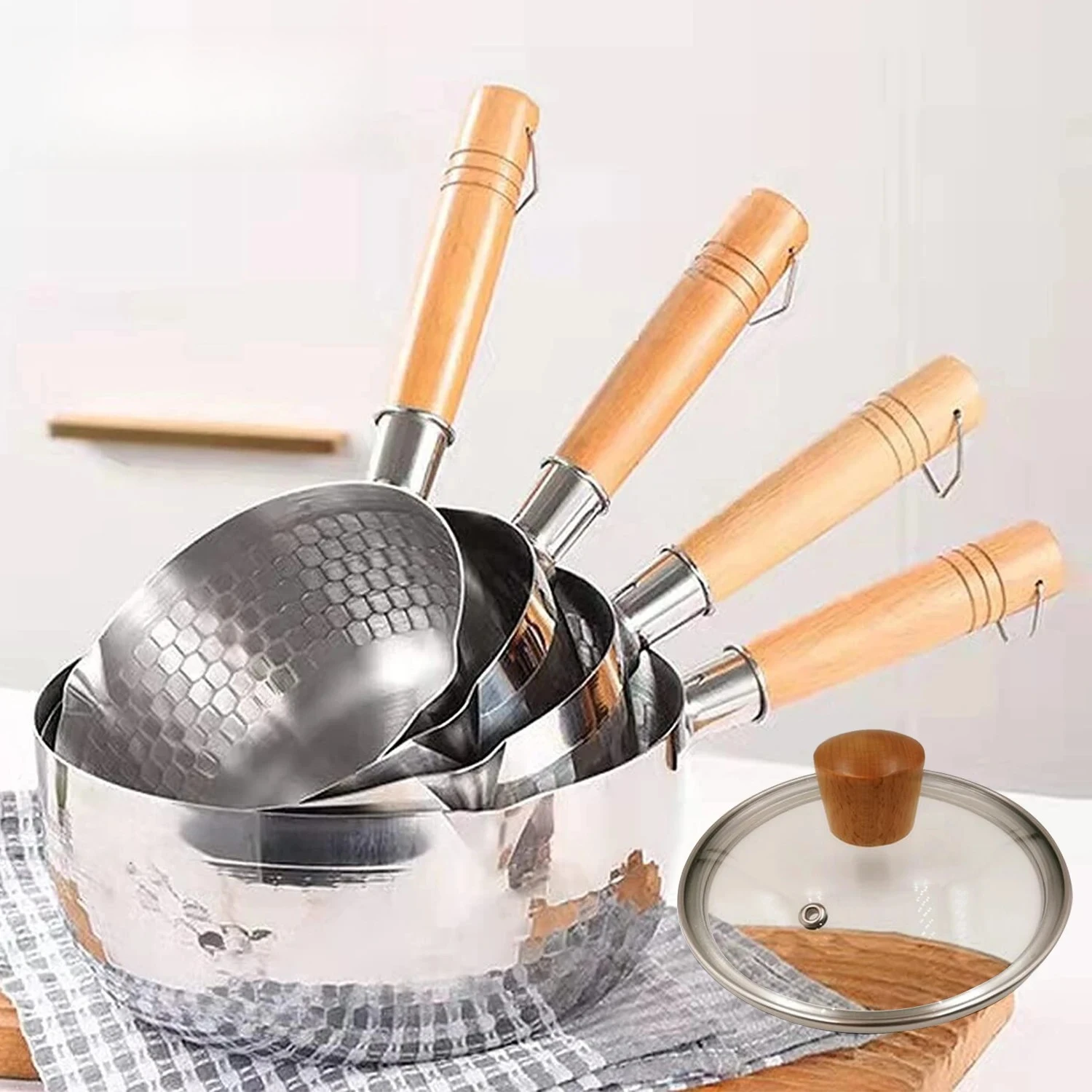 

Stainless Steel Saucepan with Lid Solid wood handle with hook Multipurpose Sauce Pan with Pour Spouts, Sauce Pot, Cooking Pot