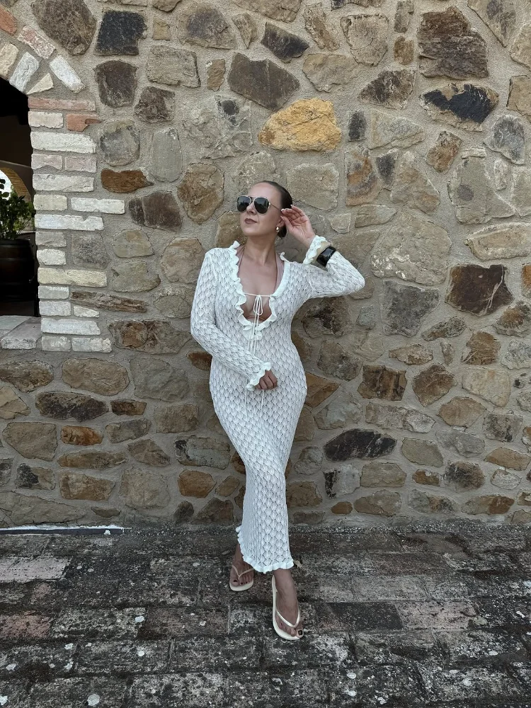 Women's White Cutout Knit Dress Ruffled V-Neck Drawstring Sheer Mermaid Maxi Dress 2026 Beach Cover-Up Seaside Vacation Outfit