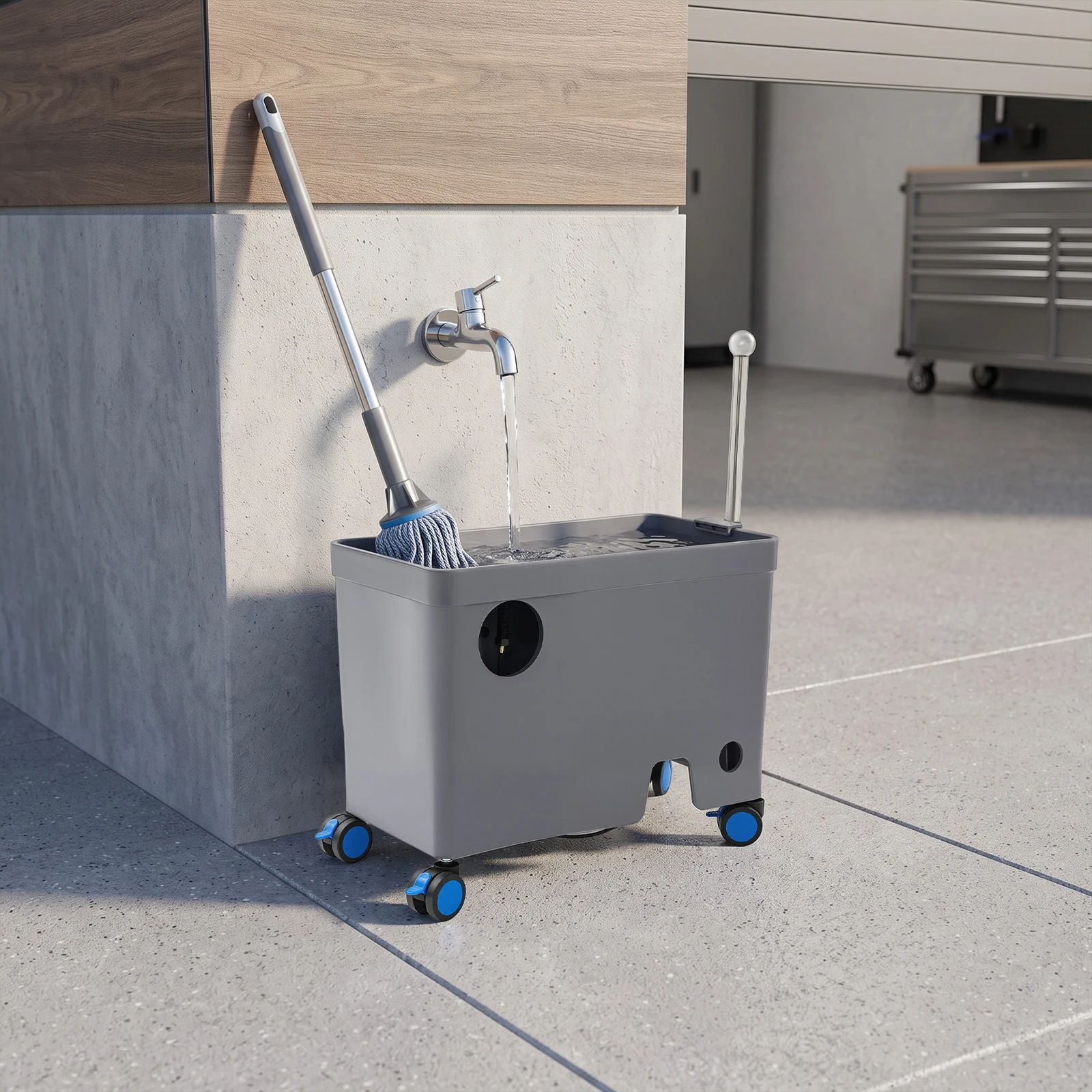 Portable Floor Mop Sink Bucket with Retractable Handle & 4 Braked Wheels, Large Capacity 53*27.5*26cm, 50 kg/110.23 lbs Load, One-Touch Drain, PP Stainless Steel, for Home Hotel Restaurant Garage Use