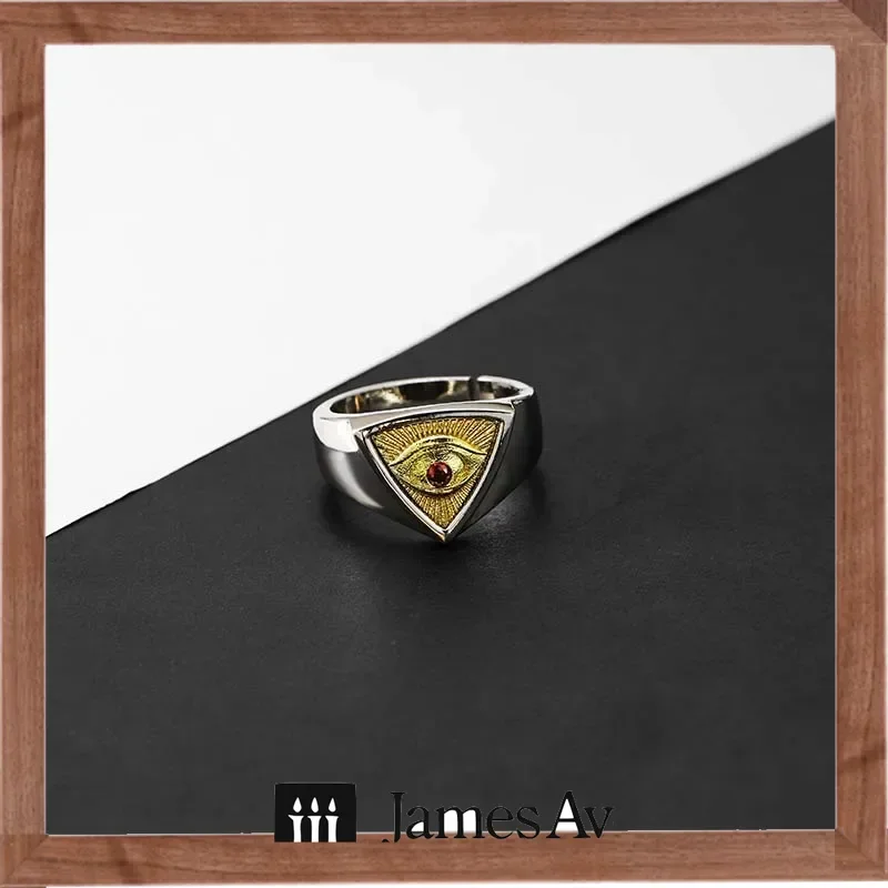 S925 Vintage Two Tone All Seeing Eye Triangle Signet Ring For Men, Retro Evil Eye Finger Band With Red Stone Inlay, Gothic Alloy Amulet Jewelry, Daily Punk Party Accessory, Mystical Protection Gift For Him Multiple Sizes Available