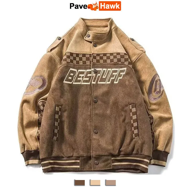 

Suede Bomber Jacket Men Women Hip Hop Patchwork Plaid Embroidery Motorcycle Loose Casual Coat Street Varsity Baseball Outwear