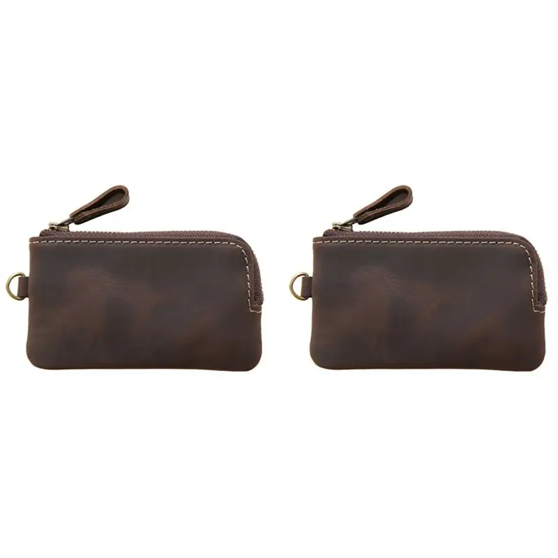 Hot kf-2X Genuine Leather Men Key Wallet,Zipper Housekeeper Pouch Holder,Keychain Crazy Horse Coin Purse