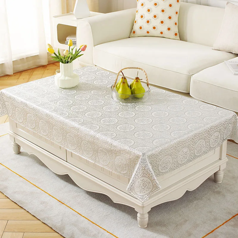 PVC Lace Tablecloth Waterproof Washable and Erasable Table Linen Tea Table Cloth Rectangular Table Cover Silvery