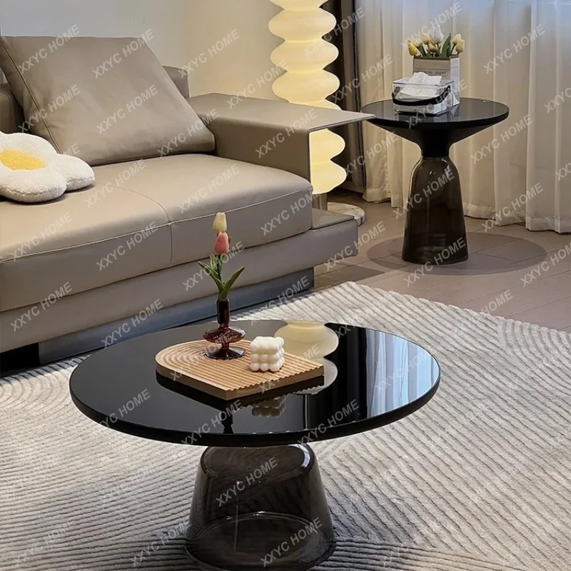 XX Luxury Glass Round Coffee Table - Gradient Color Glass Frame Sofa Table, High-Low Storage Coffee Table for Home Living Room