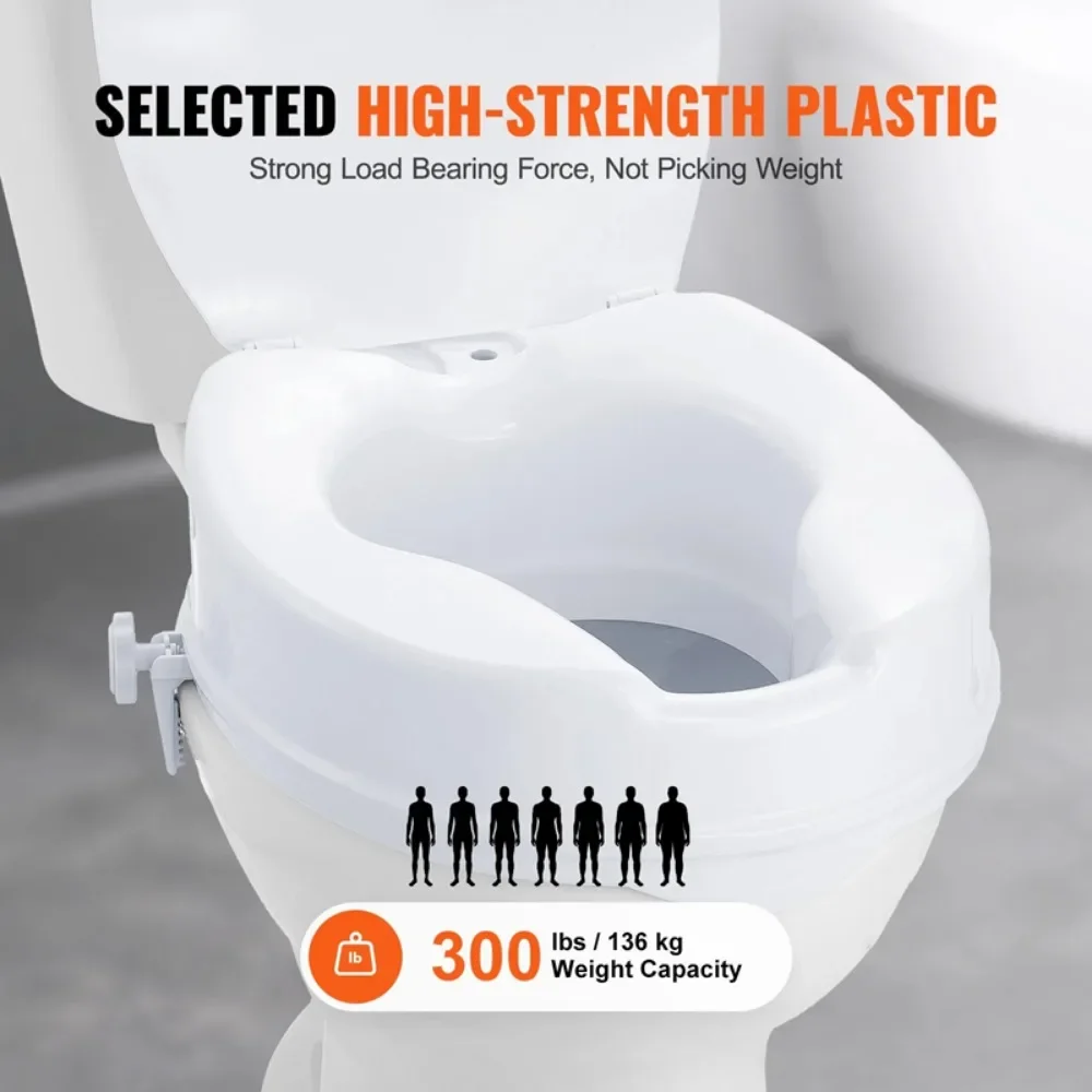 Sedile WC ergonomico rialzato con chiusure posteriori sicure, capacità di carico di 136 kg, adatto a WC rotondi e allungati per utenti anziani