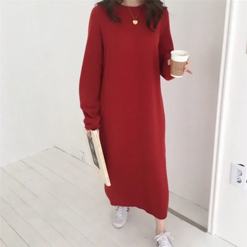Women Fall Winter O Neck Lazy Style Knit Dress Black Red Oversize Fashion Mid-length Loose Casual Bottoming Warm Sweater Dress