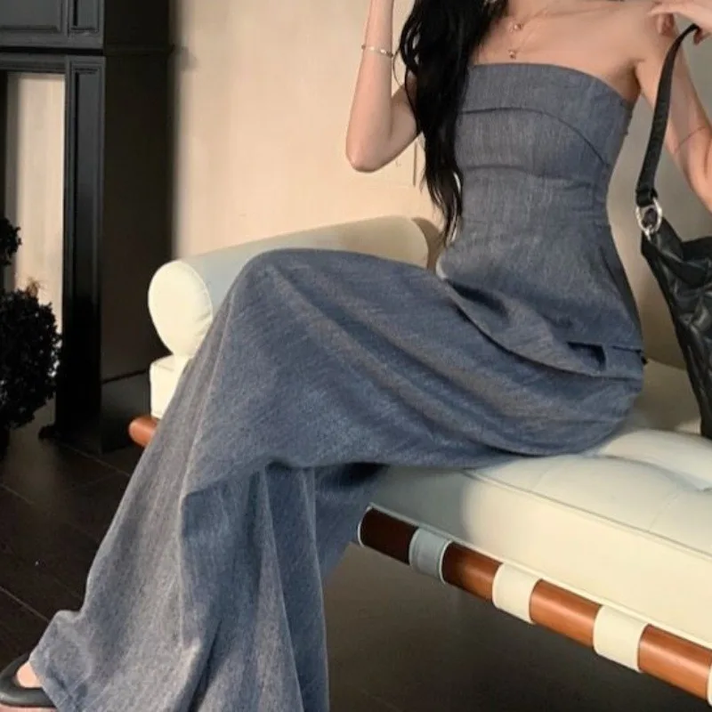 

Spicy Girl's Slim-fitting Sleeveless Strapless Camisole Top Fashionable Suit Women's Summer Gray Casual Wide-leg Pants Two-piece