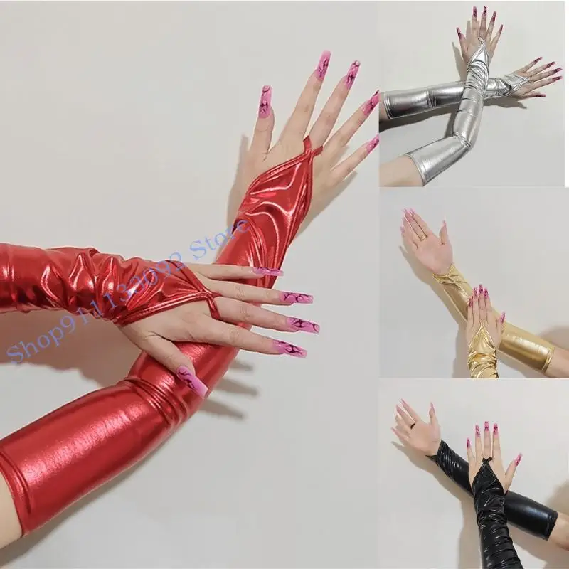

H9ED Glossy Faux Leather Elbow Length Gloves Trendy Costume Accessory Multiple Color Choices