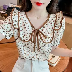 Peter Pan Collar Drawstring Plant&Flowers Printing Summer Pullover Lantern Short Sleeve T-shirt Women's Elegant Clothing Tops