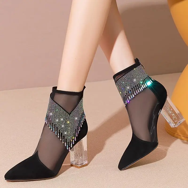 2022 New Women Mesh Sandals Boots,High Heeled Summer Shoes,Fashion Sexy Rhinestone Tassel,Pointed Toe,White,Dropshipping