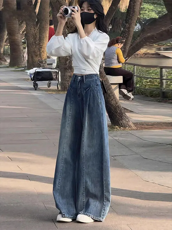 

Ретро джинсы с высокой талией и широкими штанинами для женщин, осенне-зимние, новые, свободные, больших размеров, в стиле «ленивый шик», удлиненные брюки