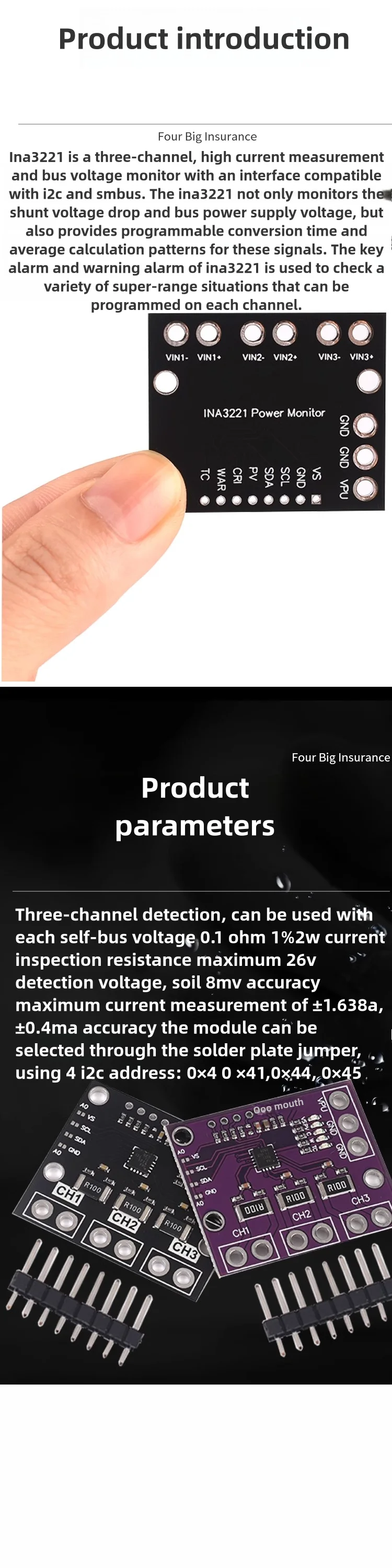 INA3221 Dreikanal-Modul zur Hochseitenmessung, Shunt- und Bus-Spannungsüberwachung mit I2C- und SMBUS-kompatibler Schnittstelle – Detail 3