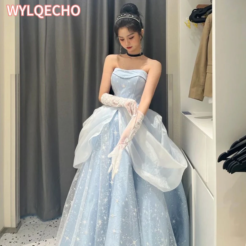 Blue Prom Dress Engagement Jacquard Dress France Vintage Sweet Korean Princess Fairy Dress Evening Party Dress