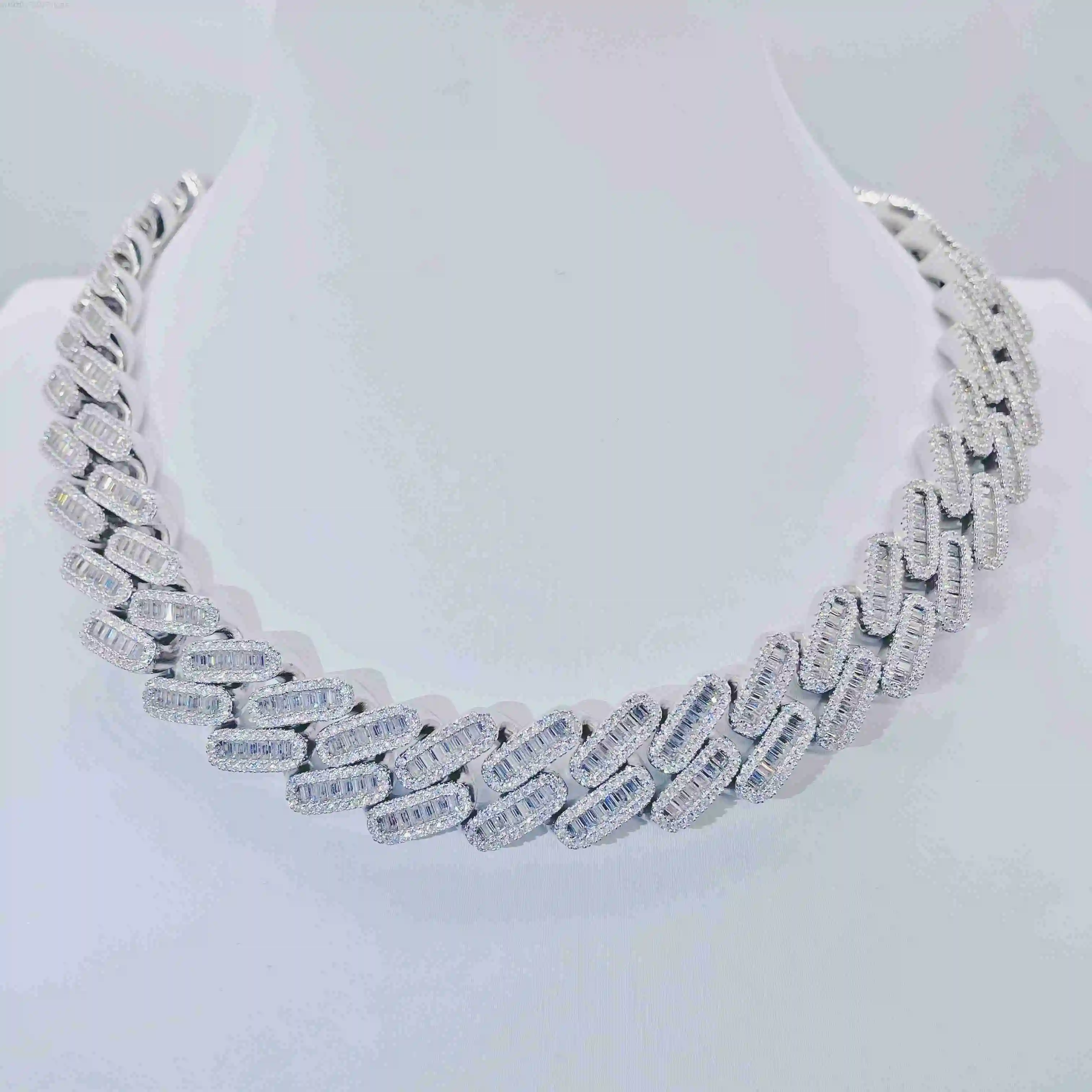 

Pass Tester 18mm 925 Silver Vvs Moissanite Hiphop Chain Fully Iced Out Baguette Miami Cuban Link Chain