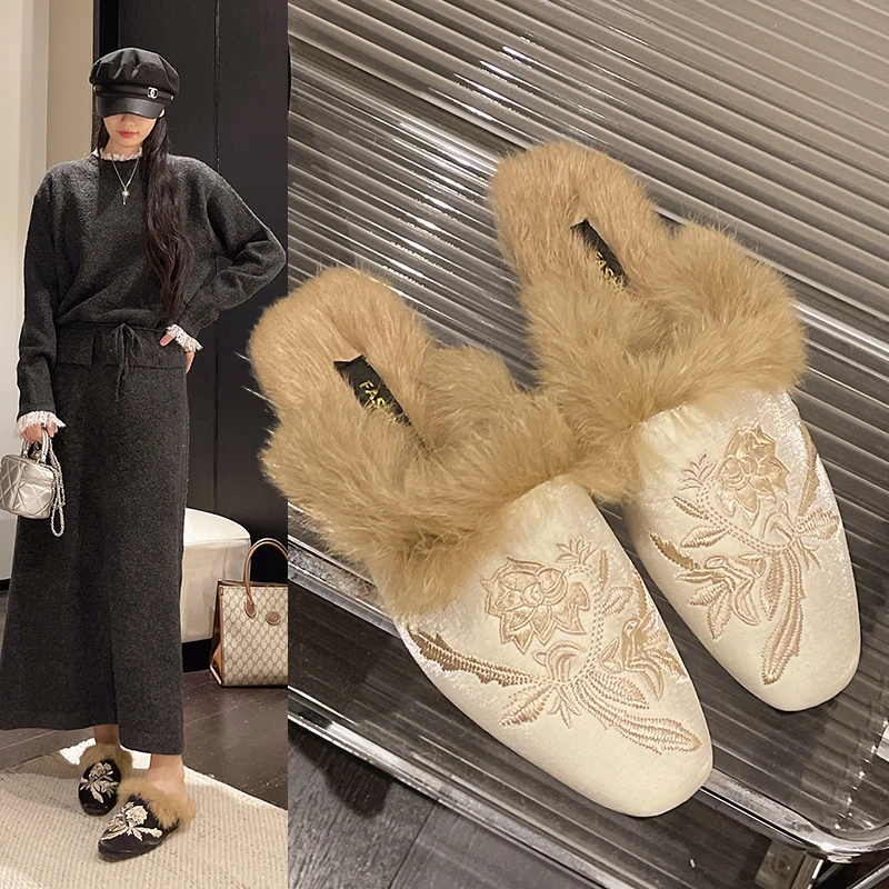 Square Toe Embroider Fur Slippers Women Mules Outdoor Footwear Female Velvet Furry Pantuflas Mujer Floral Slides Big Size 42