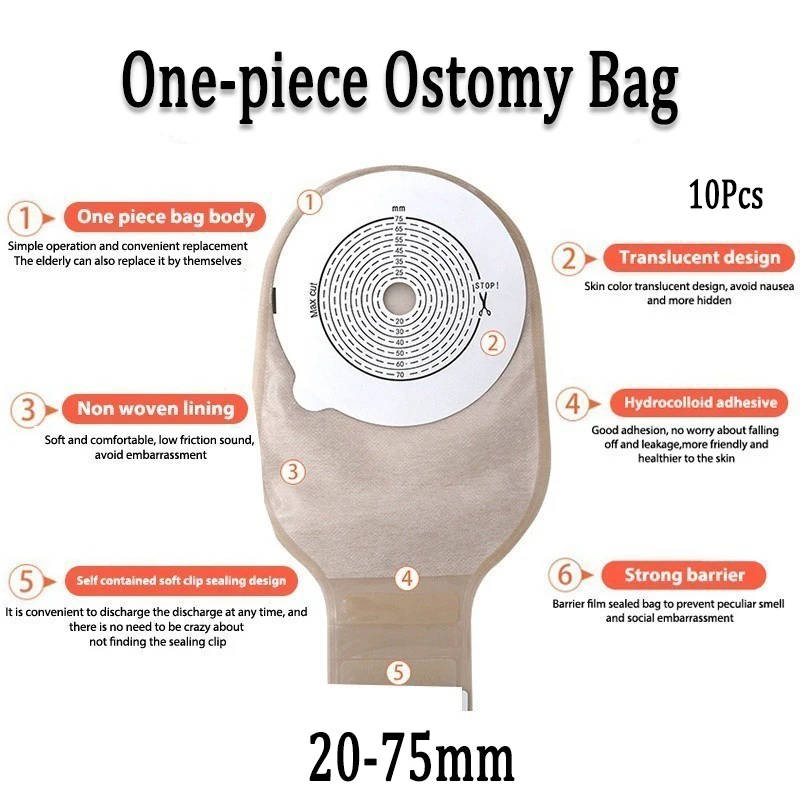10Pcs One Piece Ostomy Bags Supplies Colostomy Bags Drainable Pouches Stoma Care with Activated Carbon Deodorize 20-75mm
