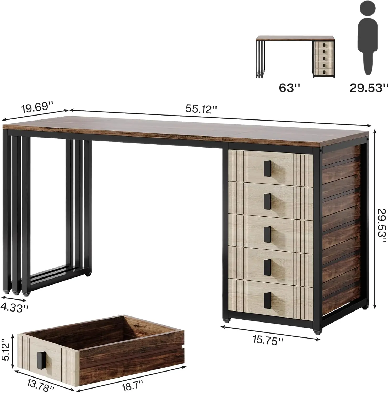 Computer Desk with 5 Drawers, 55-Inch Home Office Desk with Reversible File Drawer Cabinet, Modern Wooden Work Writing Study