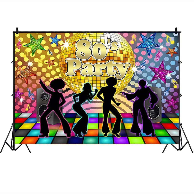 Back to the 80s Theme Backdrop 1980's Disco Birthday Decoration Party Ball Hip Hop Dance Music Neon Wall Photo Background Banner