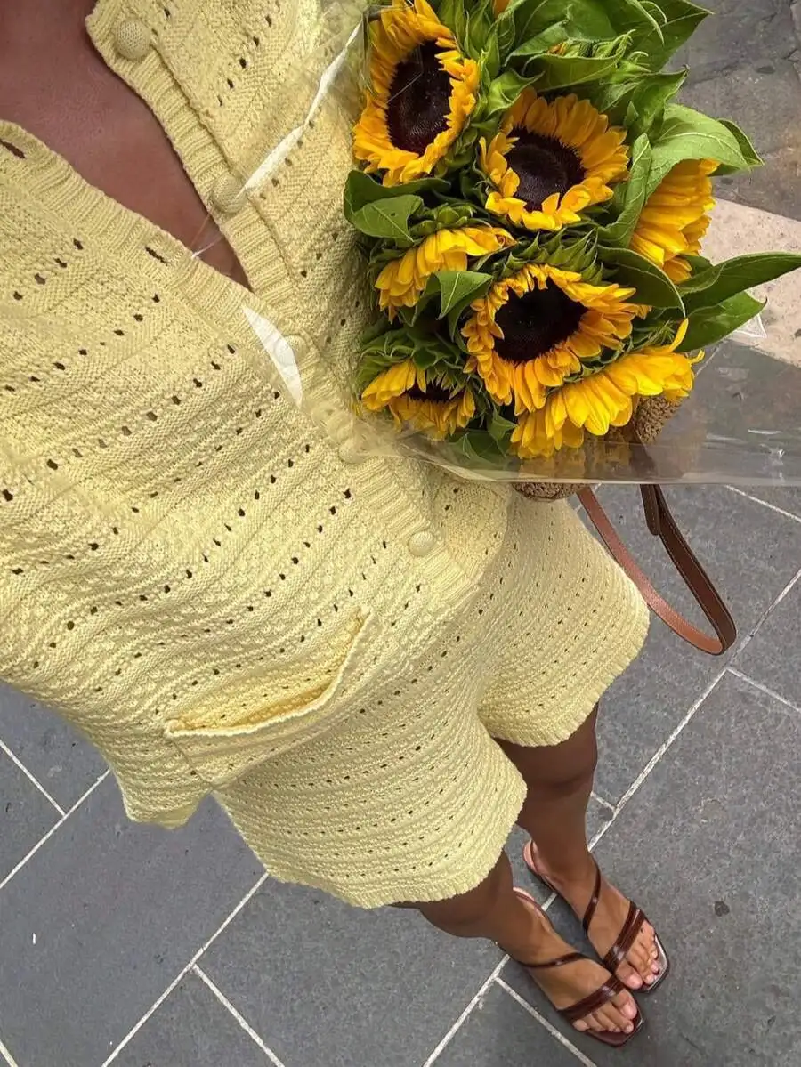 

Women's Crochet Knit Shorts Set 2 Piece Outfit Button Down Short Sleeve Top With Pockets Summer Vacation Matching Lounge Wear