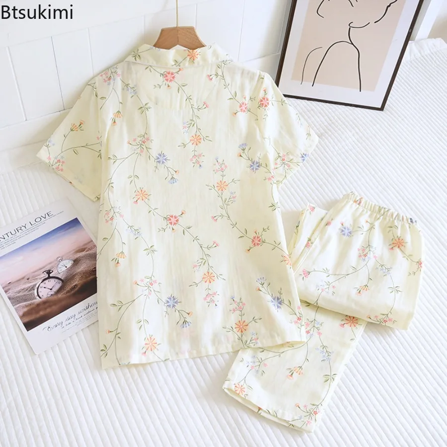 2025 Women's Summer Pajamas 100% Cotton Gauze Short Sleeve Trousers Pajamas Suit for Women Cute Print Pajamas Sets Home Female