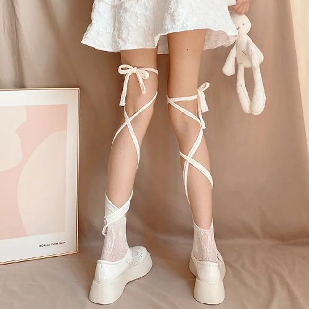 Harajuku Middle Tube Split Toe Socks Calf Sock Female Summer Black White Cross Straps Tube JK Lolita Skirt College Socks