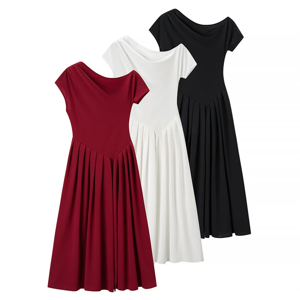 

UNIZERA Women's Round Neck Diagonal Shoulder Short Sleeve Big Swing Dress Spring/Summer New Product Casual Women's Wear