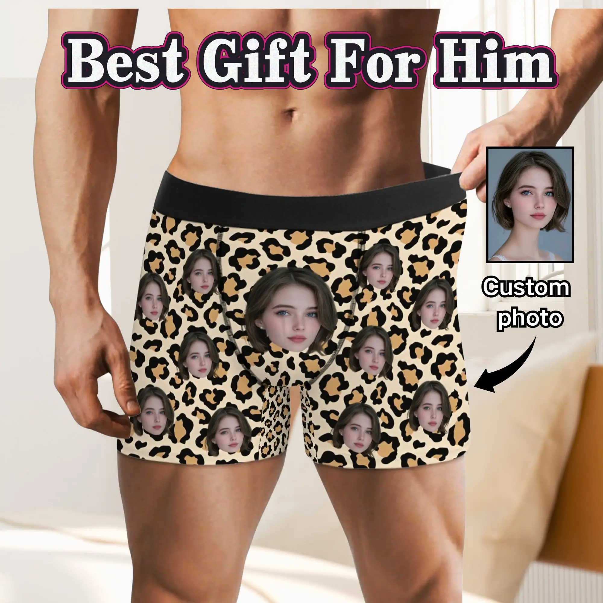Custom Face Fashion Leopard Boxer Briefs Men Personalized Photo Underwear Funny Boxer Shorts Birthday commemorative Gift For Him