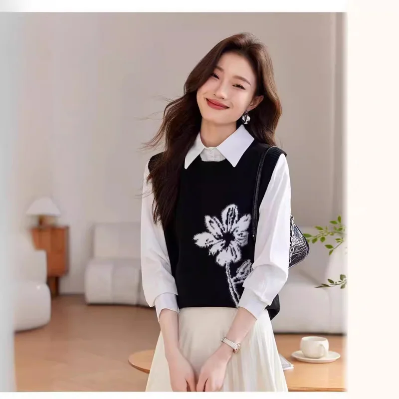 Spring and Autumn New Women's Wool Knit Vest Embroidered Flower Vest round Neck Base Temperament Commute All-Matching