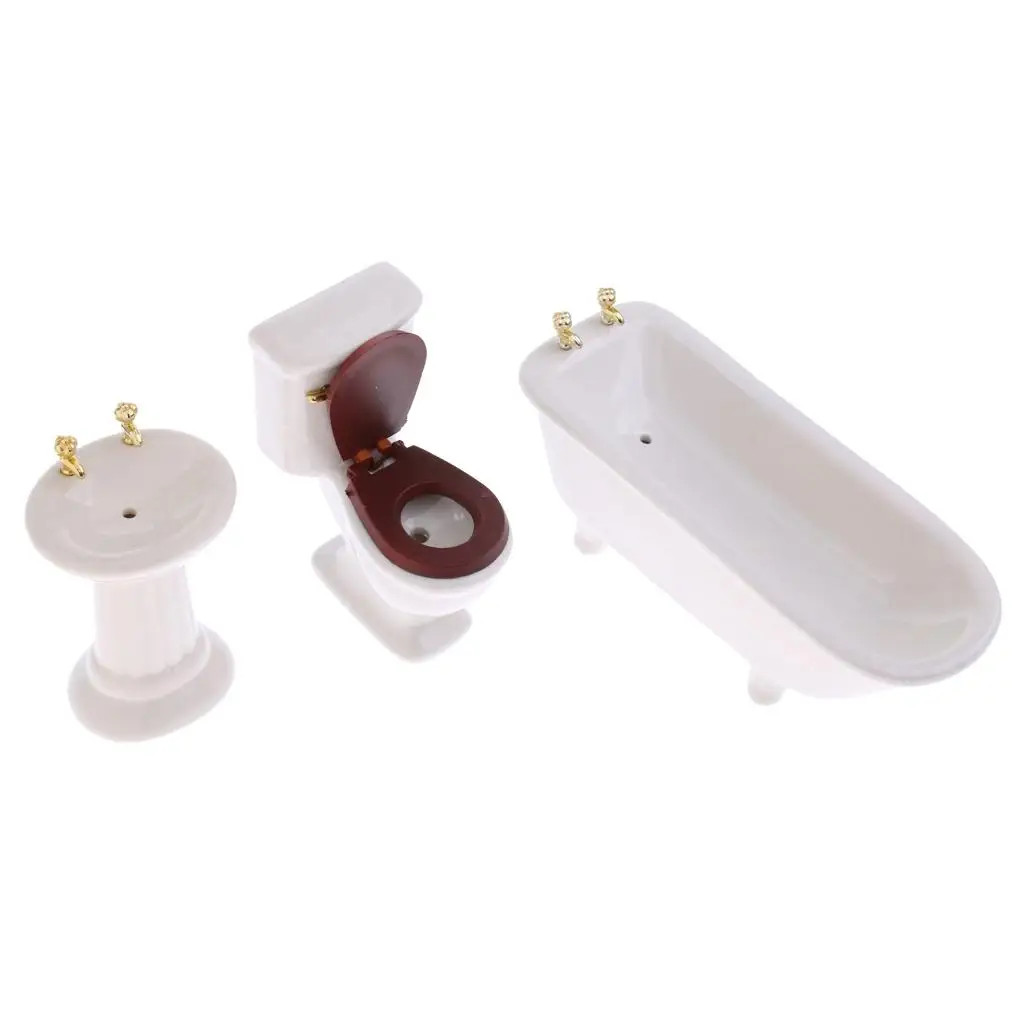 1:12 Scale Porcelain Bathroom Set Toilet Basin Bathtub Dollhouse Accessory