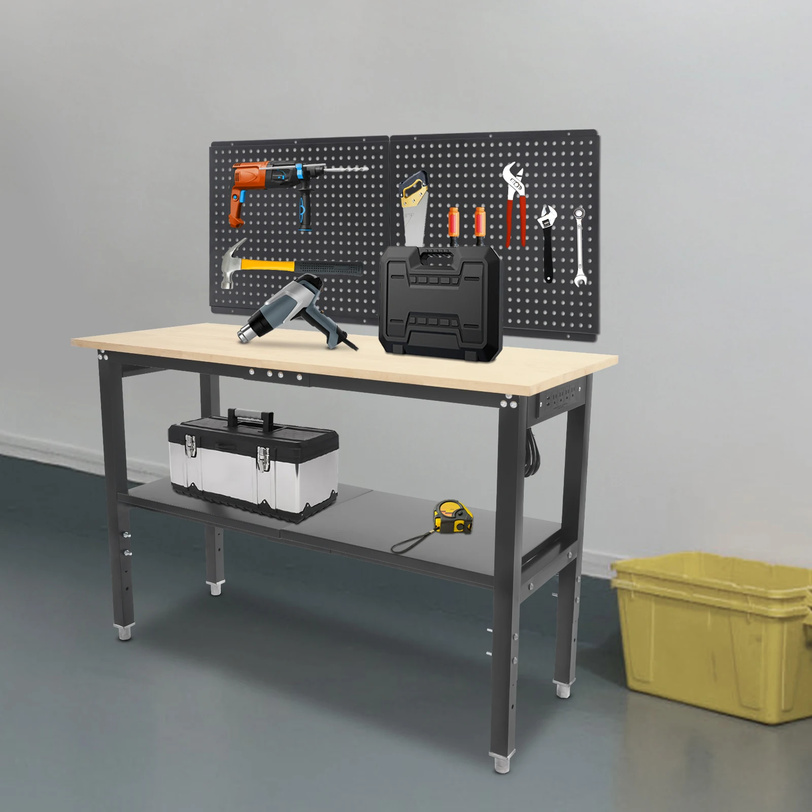 120*50cm Work Table with Power Outlets, Adjustable Height Workbench, Work Table with Pegboard Suitable for Restaurants, Homes