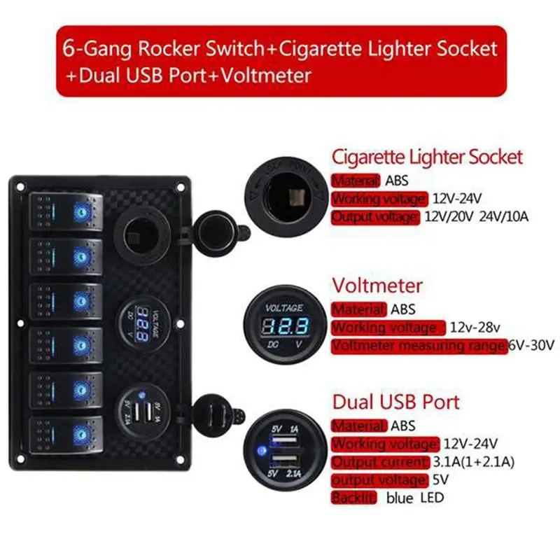 NEW HOT In Stock-12/24V 6 Buttons Switch Panel With Digital Voltmeter Tester 3.0 USB Chargers Bule Light Boat Power Adapter