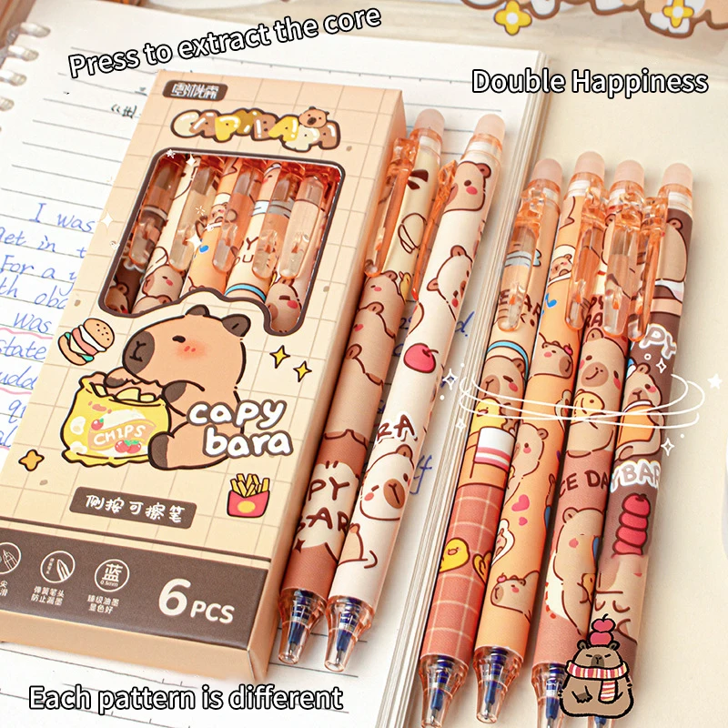 6Pcs Kawaii Capybara Gel Pen Set Black Blue Ink Quickly-Drying Cute Press Gel Pens Aesthetic Stationery School Office Supplies image 4