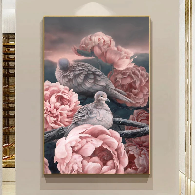Doves Peonies Art Print Vintage Birds Flowers Wall Art Canvas Painting for Bedroom Home Decor Nature Wildlife Landscape Gifts