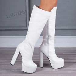 ZHIMA Women Knee High Boots Platform Round Toe Side Zip Up Chunky Thick High Heels Boots Handmade Shoes Woman Plus Size 43 45 52