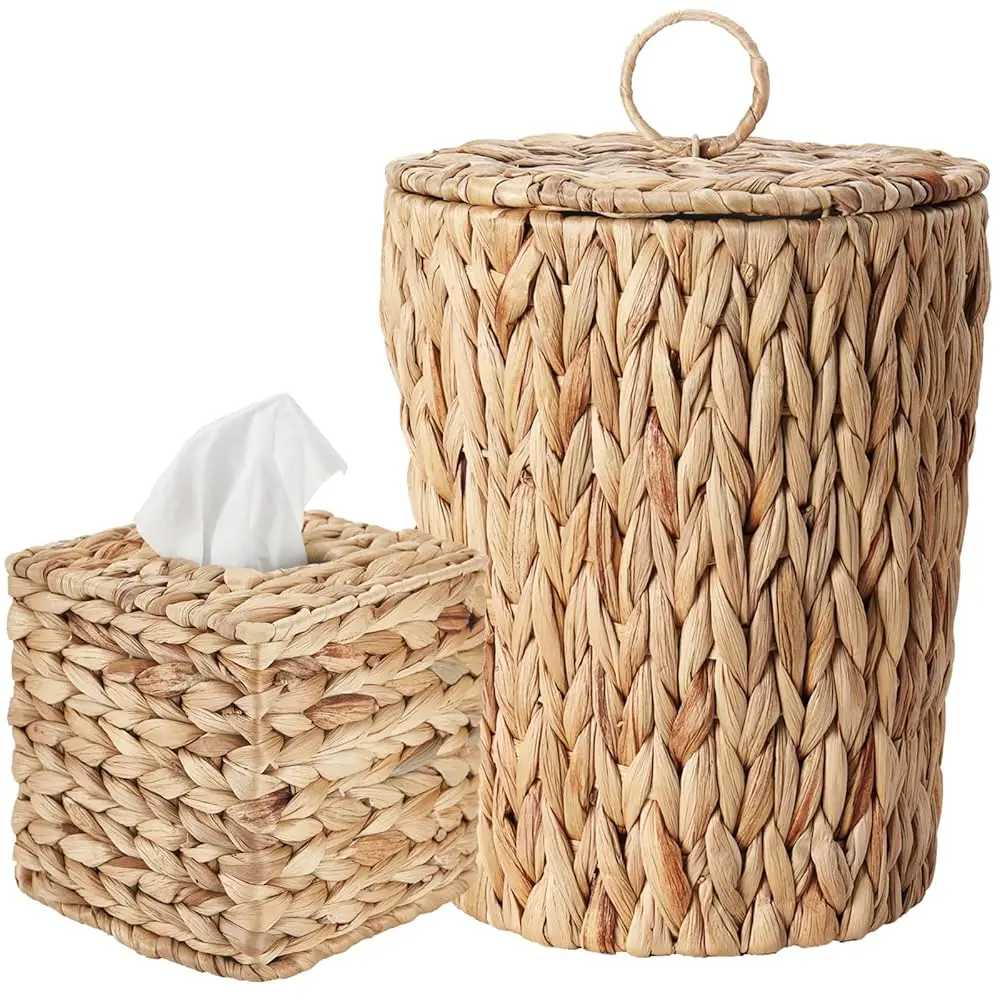 

2.6 Gallon Wicker Trash Can with Lid and Square Wicker Tissue Box Cover, Boho Decorative Handwoven Water Hyacinth Rattan Bedr