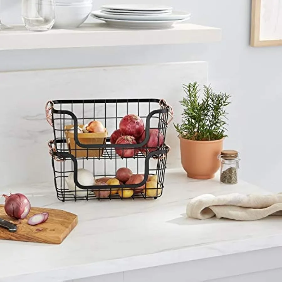 Stackable Metal Wire Rectangular Storage Basket Set For Kitchen or Bathroom 2 Count Black