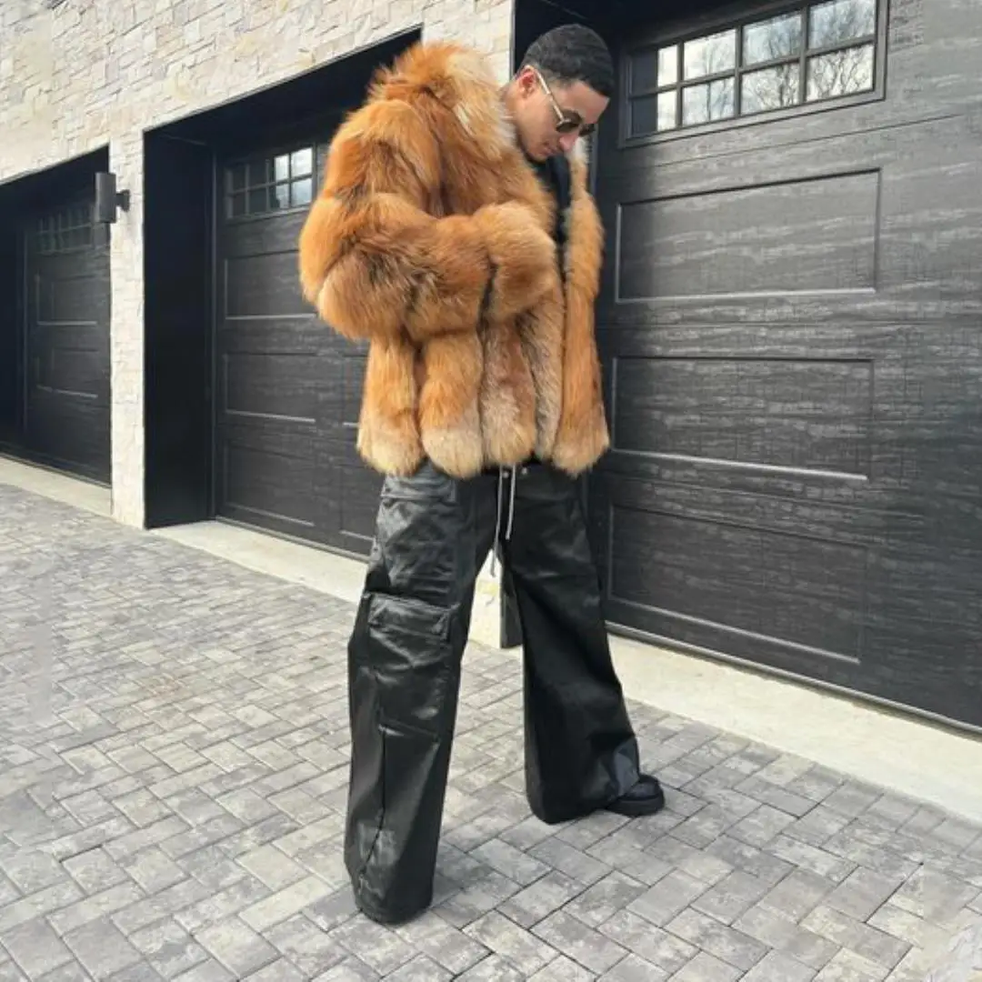 New Luxury Mens Real Red Fox Fur Hood Coat Winter Natural Fox Fur Fluffy Warm Overcoat Fashion Genuine Fur Thick Jacket