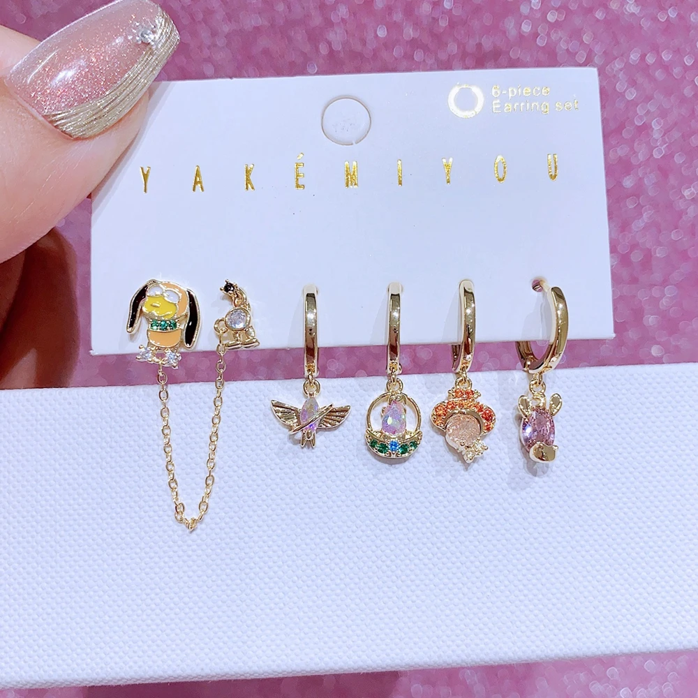 MIGGA 6pcs Mix and Match Design Cartoon Dangle Earrings Set Gold Plated Cubic Zircon Women Jewelry