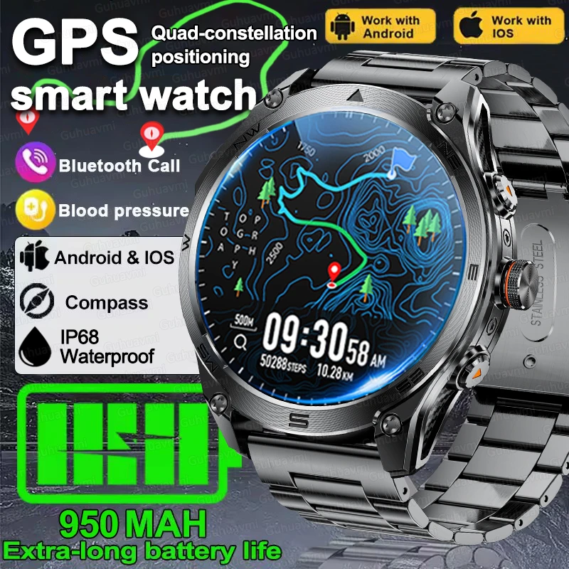 

Новый спортивный GPS-компас на открытом воздухе, 950 мАч, умные часы с большой батареей, фонарик IP68, водонепроницаемые 1,75-дюймовые умные часы AMOLED для мужчин