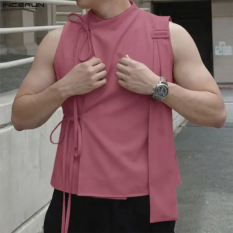 INCERUN Men Tank Tops Solid Color Lace Up Sleeveless Summer Vests For Man Streetwear 2026 Stylish Casual Men Clothes Tops S-5XL