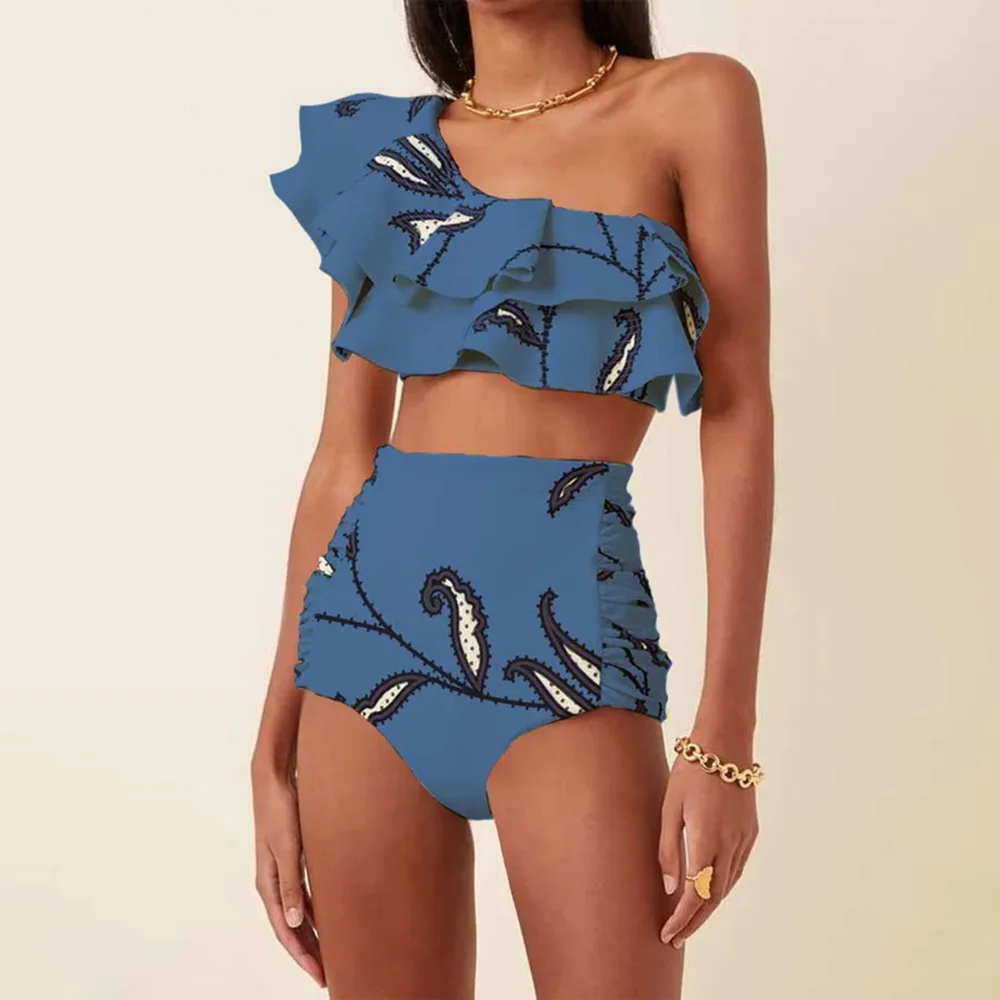 

2023 New Fashion One Shoulder Ruffle Swimsuit Print Bikini High Waist Backless Sexy Beachwear Chic Pool Wear Women Swimwear