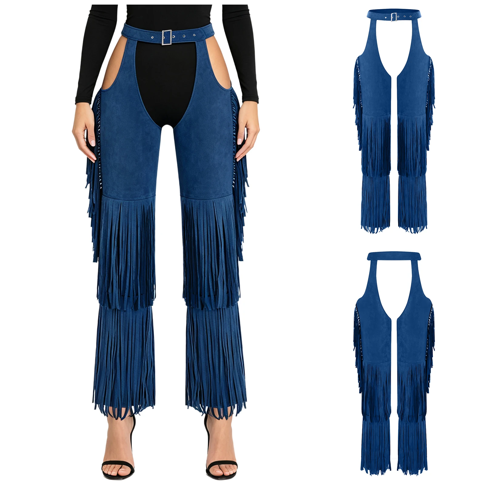Women Cowboy Fringed Pants Tiered Tassel Chaps Wide Legs Trousers for Trick Vacation Photography Equestrian Show Cowgirl Pants