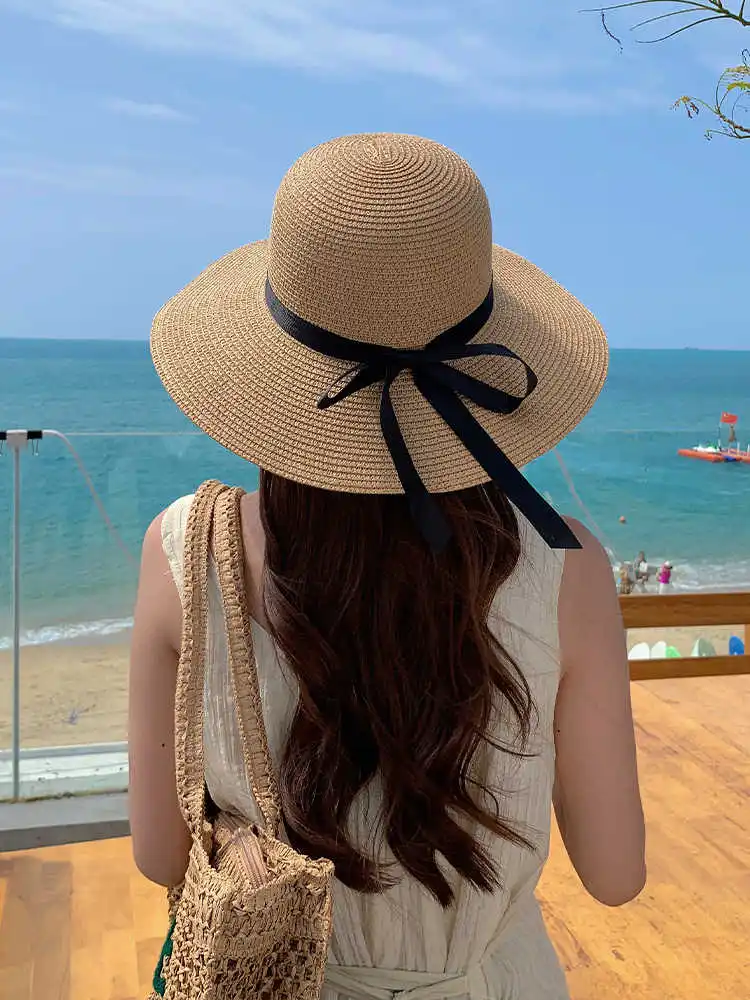 Classic Wide Brim Straw Hat - Lightweight Foldable Sun Hat with Ribbon for Beach, Summer & Outdoor Unisex Accessory