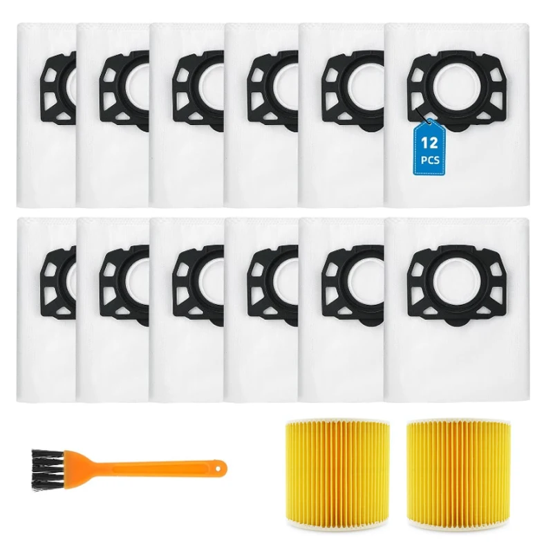 12Pcs KFI 357 Dust Bags Set with 2 WD3S Filters & 1 Brush, For Multiple Vacuum Models WD1 WD2 WD3 MV2 MV3 SE4001 SE4002 KWD1‑3