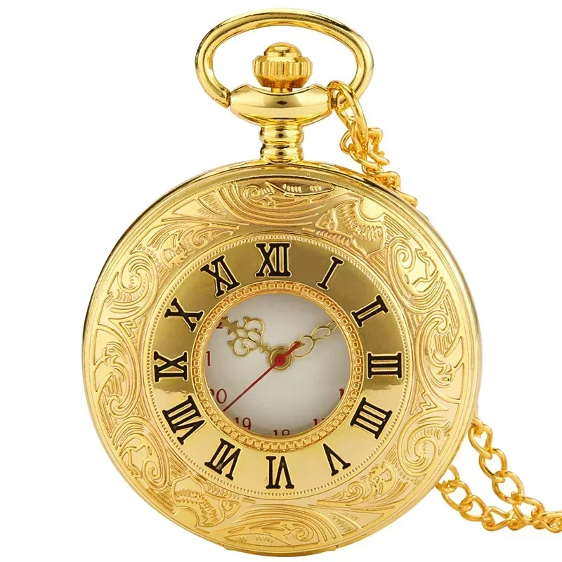 Luxury Golden Pocket Watch Carved Roman Numeral Case Hollow Out Timepiece for Men Women Quartz Movement Clock Sweater Chain