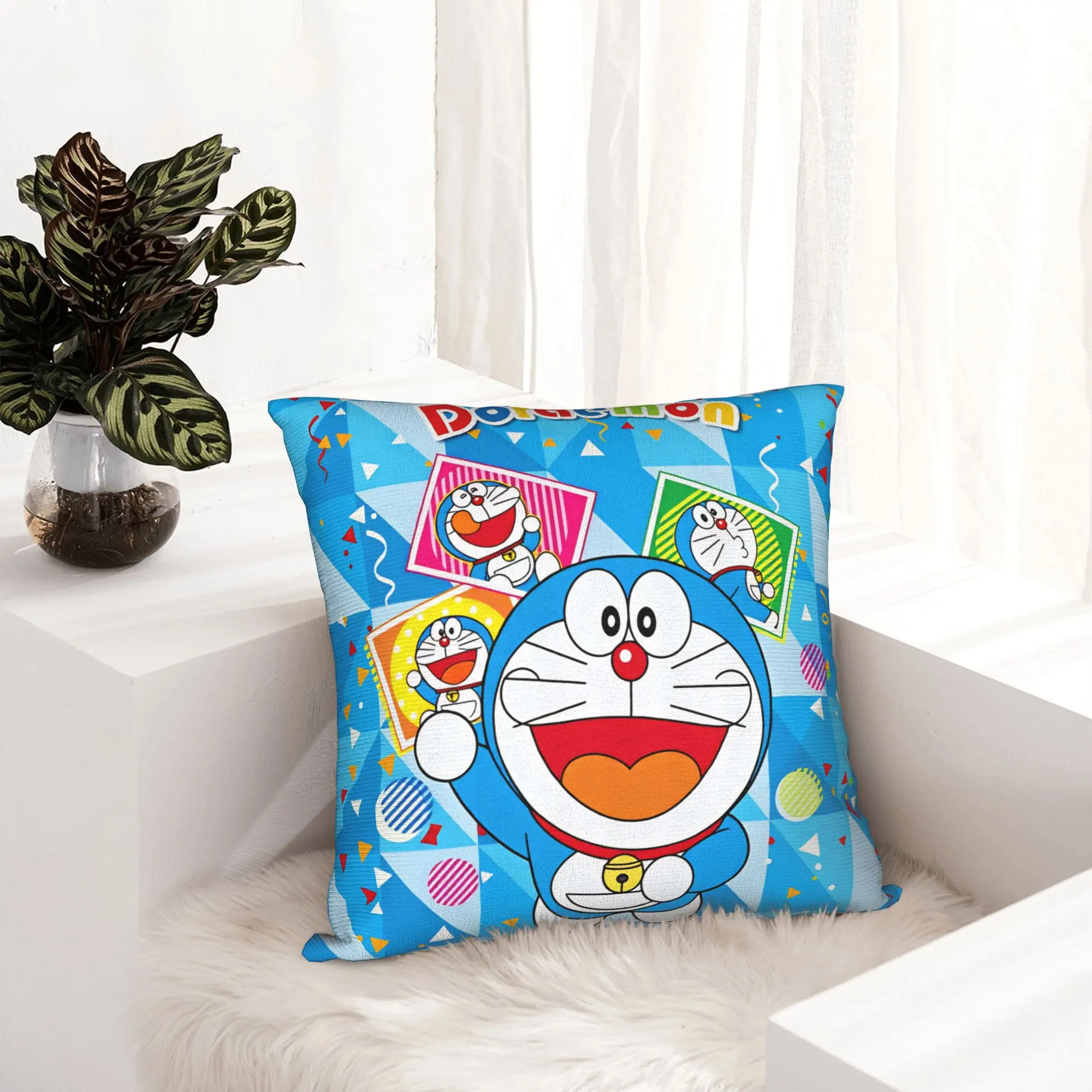 Modern Doraemon Cat Shaped Robot Cushion Cover Velvet Geometric Blue Triangles Throw Pillow Case Decoration view 6