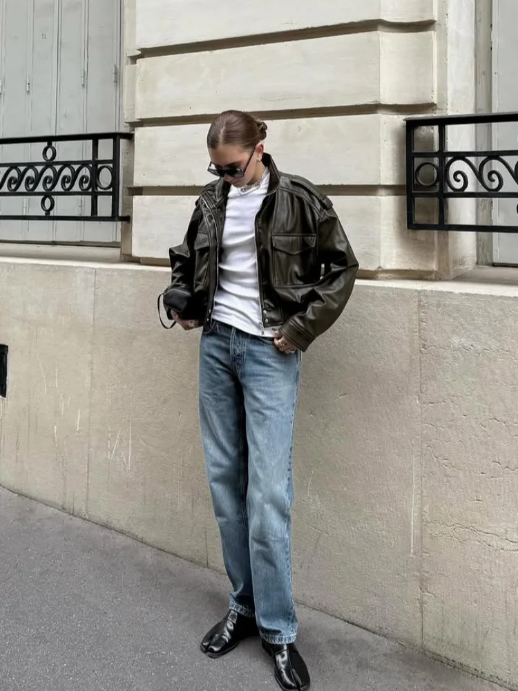 Women Solid Lapel Short Leather Jacket Casual Stand Collar Full Sleeve Zipper Buckle Warm Jackets 2025 High Street Outwear New